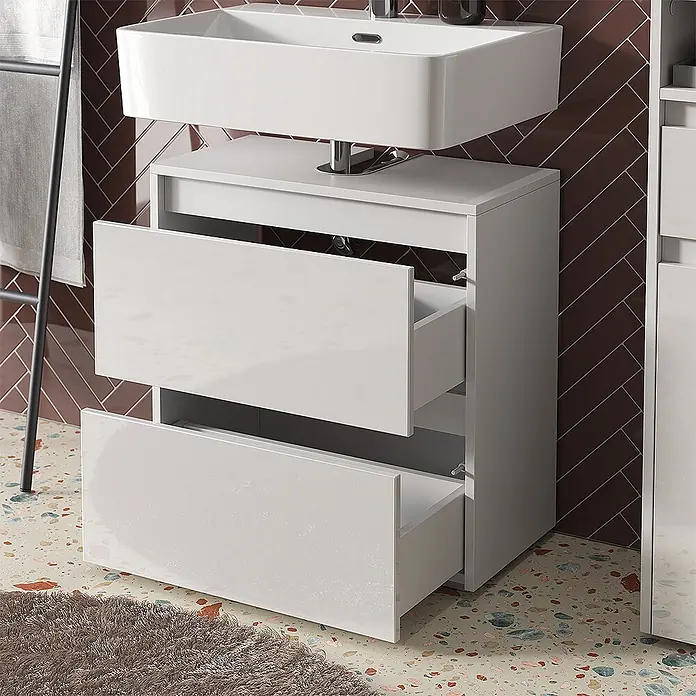Vicco Badmöbel-Set Majest Weiß 3 Teile - Gesamtbreite Badmöbel: 90,4 cm, Weiß Hochglanz, Glänzend - Moderner weißer Hochglanz-Waschtischunterschrank mit integriertem Waschbecken und zwei teils geöffneten Schubladen.