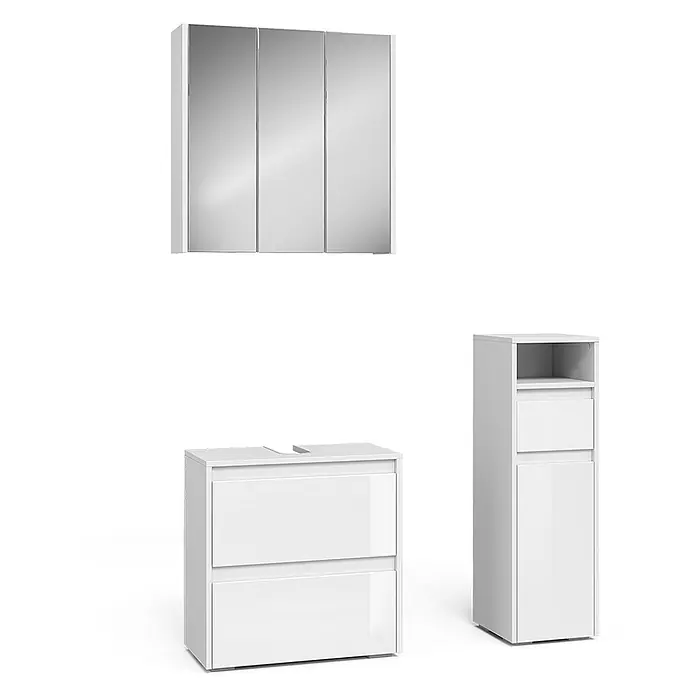 Vicco Badmöbel-Set Majest Weiß 3 Teile - Gesamtbreite Badmöbel: 90,4 cm, Weiß Hochglanz, Glänzend - Weißes Hochglanz Badmöbel-Set: Spiegelschrank, Waschtischunterschrank mit Schubladen und Hochschrank.