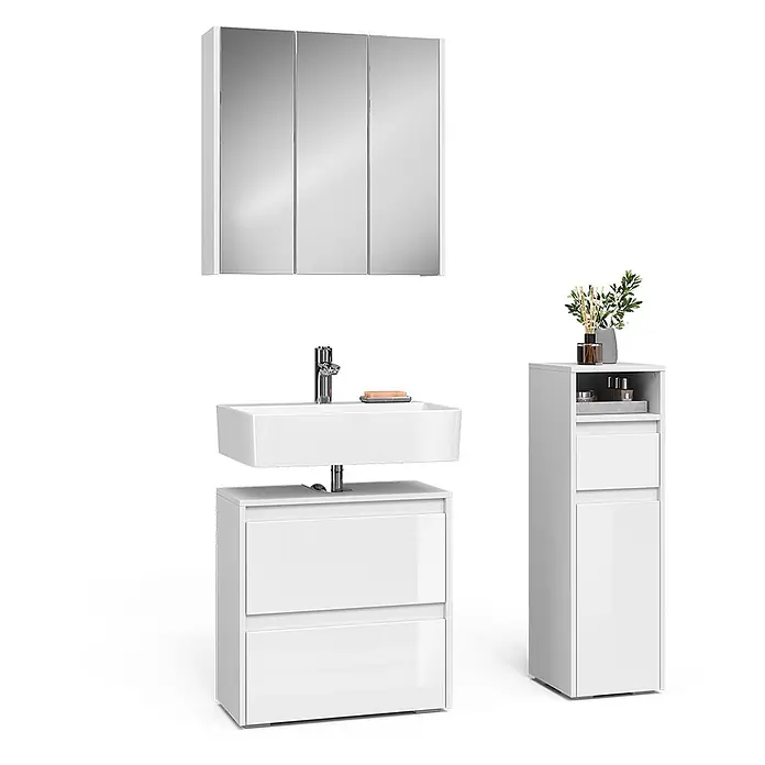 Vicco Badmöbel-Set Majest Weiß 3 Teile - Gesamtbreite Badmöbel: 90,4 cm, Weiß Hochglanz, Glänzend - Ein modernes weißes Badezimmerset mit dreitürigem Spiegelschrank, Waschbecken mit zweischubladigem Unterschrank und hohem Beistellschrank.