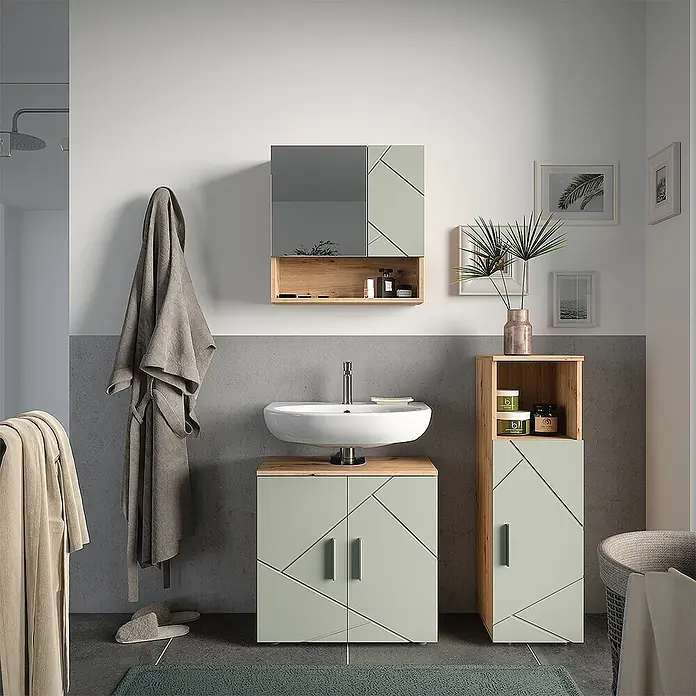 Vicco Badmöbel-Set Irma Salbeigrün 3 Teile - Salbeigrün, Glänzend - Badmöbelset in Salbeigrün und Holz mit geometrischen Türen, bestehend aus Waschtisch, Spiegelschrank und Hochschrank.