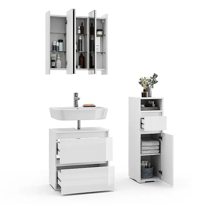 Vicco Badmöbel-Set Majest Weiß 3 Teile - Gesamtbreite Badmöbel: 90,4 cm, Weiß Hochglanz, Glänzend - Weißes, modulares Badmöbelset mit Spiegelschrank, Waschtischunterschrank mit geöffneten Schubladen und hohem Schrank.