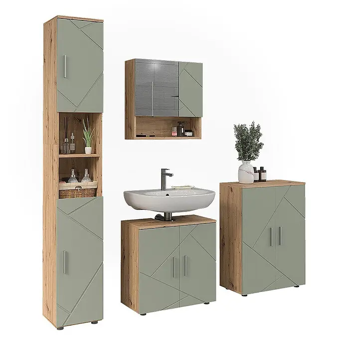 Vicco Badmöbel-Set Irma Salbeigrün 4 Teile - Salbeigrün, Glänzend - Badezimmermöbel-Set in Holzoptik und Salbeigrün mit geometrisch gemusterten Türen, bestehend aus verschiedenen Schränken und einem Spiegelschrank.
