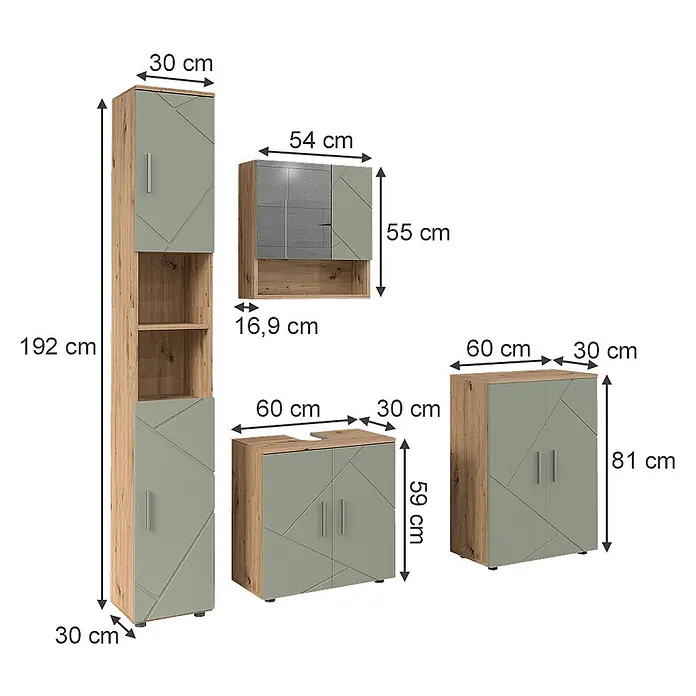 Vicco Badmöbel-Set Irma Salbeigrün 4 Teile - Salbeigrün, Glänzend - Modulares Badmöbelset in Holzoptik und Salbeigrün mit geometrischen Mustern, bestehend aus Hochschrank, Wandschrank, Waschbeckenunterschrank und Kommode.
