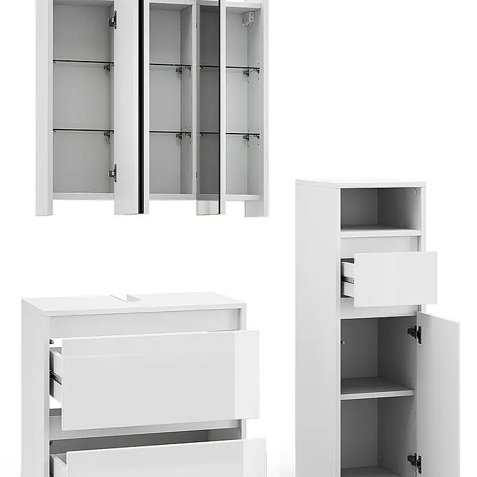 Vicco Badmöbel-Set Majest Weiß 3 Teile - Gesamtbreite Badmöbel: 90,4 cm, Weiß Hochglanz, Glänzend - Weißes, glänzendes Badezimmermöbelset: Spiegelschrank, Waschtischunterschrank mit Schubladen und Hochschrank mit Schublade und Tür.