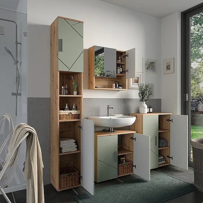 Vicco Badmöbel-Set Irma Salbeigrün 4 Teile - Salbeigrün, Glänzend - Badezimmermöbelset: helles Holz, salbeigrüne Türen, weiße Akzente; Hochschrank, Spiegelschrank, Waschtisch, Beistellschrank.