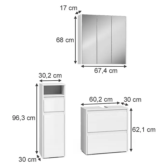 Vicco Badmöbel-Set Majest Weiß 3 Teile - Gesamtbreite Badmöbel: 90,4 cm, Weiß Hochglanz, Glänzend - Drei weiße Badmöbel: ein Spiegelschrank, ein Hochschrank und ein Waschtischunterschrank, alle mit Maßen.