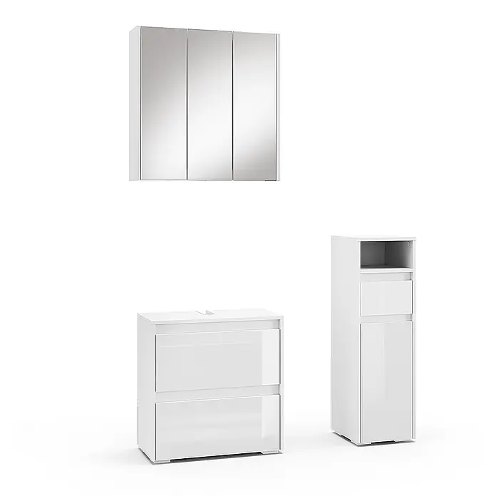 Vicco Badmöbel-Set Majest Weiß 3 Teile - Gesamtbreite Badmöbel: 90,4 cm, Weiß Hochglanz, Glänzend - Weißes, glänzendes Badmöbelset mit Spiegelschrank, Waschtischunterschrank und hohem Beistellschrank.