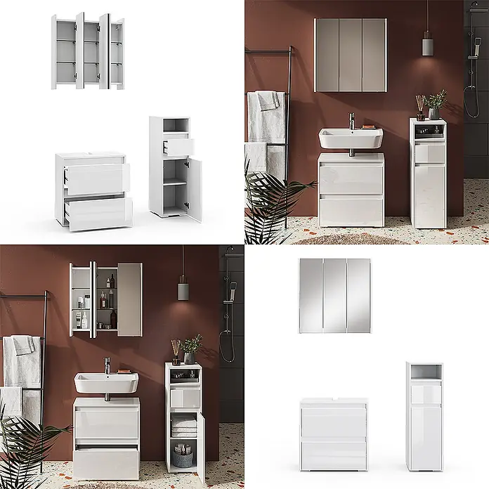 Vicco Badmöbel-Set Majest Weiß 3 Teile - Gesamtbreite Badmöbel: 90,4 cm, Weiß Hochglanz, Glänzend - Weißes Hochglanz-Badmöbelset: Spiegelschrank, Waschtischunterschrank und Hochschrank, einzeln und in einem Badezimmerambiente gezeigt.