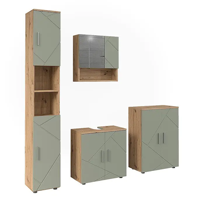 Vicco Badmöbel-Set Irma Salbeigrün 4 Teile - Salbeigrün, Glänzend - Modulare Badezimmermöbel in Salbeigrün mit geometrischen Mustern, Holzoptikrahmen und Metallgriffen.