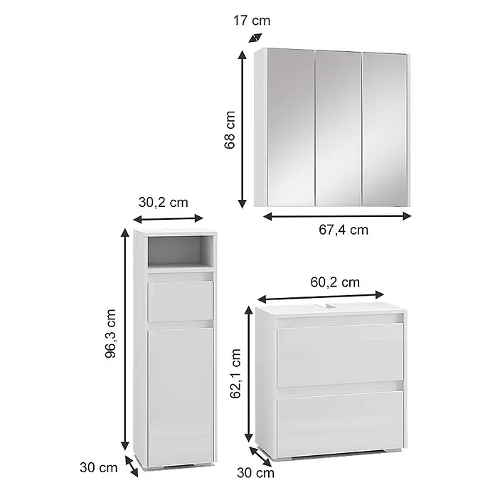 Vicco Badmöbel-Set Majest Weiß 3 Teile - Gesamtbreite Badmöbel: 90,4 cm, Weiß Hochglanz, Glänzend - Set weißer Badezimmermöbel: Hochschrank, Spiegelschrank und Waschtischunterschrank mit detaillierten Abmessungen.