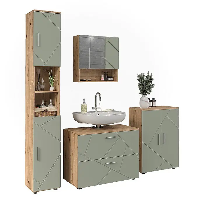 Vicco Badmöbel-Set Irma Salbeigrün 4 Teile - Salbeigrün, Glänzend - Modernes Badezimmermöbel-Set in Holzoptik und Salbeigrün mit geometrischen Mustern, inkl. Waschtisch, Spiegelschrank und Aufbewahrung.
