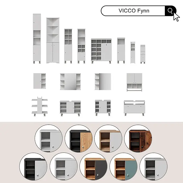 Vicco Badmöbel-Set Fynn Anthrazit 2 Teile - Gesamtbreite Badmöbel: 60 cm, Anthrazit, Glänzend - Modulare VICCO Fynn Aufbewahrungsmöbel, darunter Schränke und Regale in verschiedenen Weiß-, Holz- und dunklen Farbkombinationen.