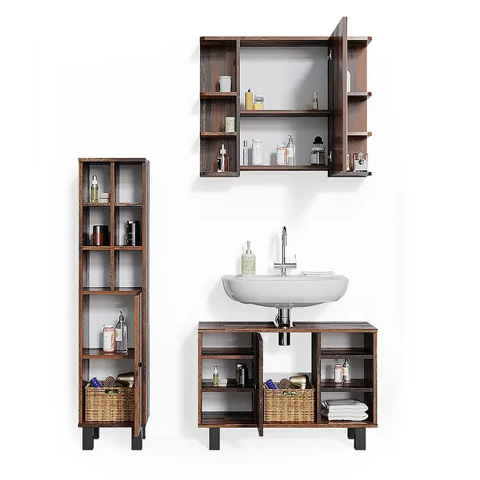 Vicco Badmöbel-Set Fynn Eiche rustikal 3 Teile, mit Midischrank Tür groß - Gesamtbreite Badmöbel: 110 cm, Eiche rustikal, Matt - Badezimmermöbelset aus dunklem Holz mit Waschbecken, Hochschrank und Spiegelschrank, gefüllt mit Pflegeprodukten.
