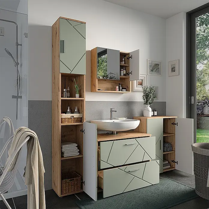 Vicco Badmöbel-Set Irma Salbeigrün 4 Teile - Salbeigrün, Glänzend - Modernes Badezimmermöbel-Set aus Artisan-Eiche und Salbeigrün mit geometrischen Mustern, inklusive Hochschrank, Waschtisch und Spiegelschrank.