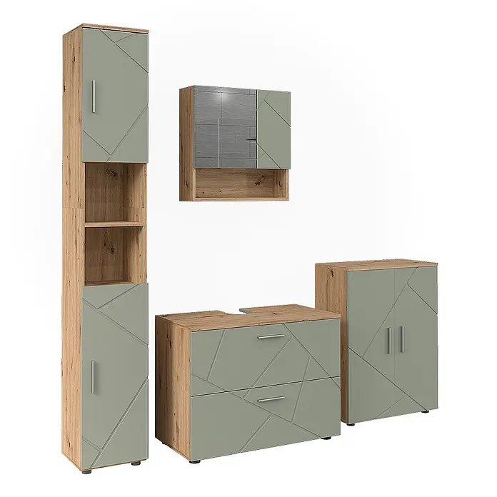 Vicco Badmöbel-Set Irma Salbeigrün 4 Teile - Salbeigrün, Glänzend - Modernes Badmöbel-Set in hellem Holz und Salbeigrün mit geometrischen Mustern.