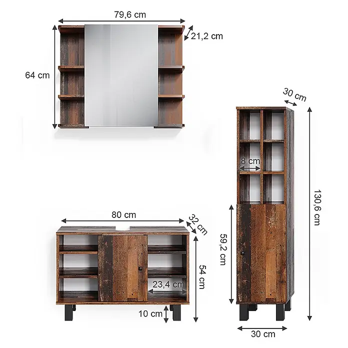 Vicco Badmöbel-Set Fynn Eiche rustikal 3 Teile, mit Midischrank Tür groß - Gesamtbreite Badmöbel: 110 cm, Eiche rustikal, Matt - Dreiteiliges Badmöbelset in rustikaler dunkler Holzoptik, bestehend aus Spiegelschrank, Waschbeckenunterschrank und Hochschrank.