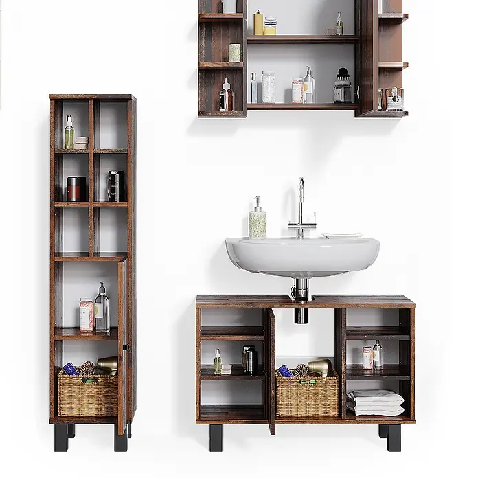 Vicco Badmöbel-Set Fynn Eiche rustikal 3 Teile, mit Midischrank Tür groß - Gesamtbreite Badmöbel: 110 cm, Eiche rustikal, Matt - Badezimmer-Aufbewahrungsset aus dunklem Holz: Wandschrank, Hochschrank und Waschtischunterschrank für ordentliche Ablage von Toilettenartikeln.