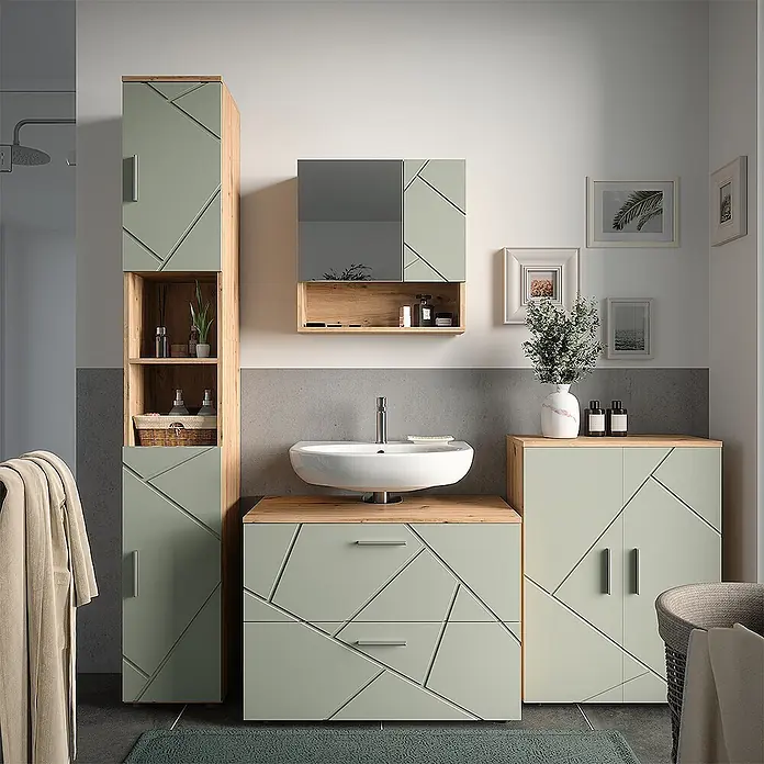 Vicco Badmöbel-Set Irma Salbeigrün 4 Teile - Salbeigrün, Glänzend - Salbeigrünes Badmöbelset mit geometrischen Fronten und Holzdetails, bietet stilvollen Stauraum.