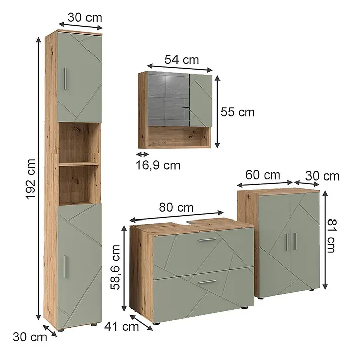 Vicco Badmöbel-Set Irma Salbeigrün 4 Teile - Salbeigrün, Glänzend - Modulares Badezimmermöbel-Set aus hellem Holzdekor und salbeigrünen Fronten mit geometrischen Mustern.