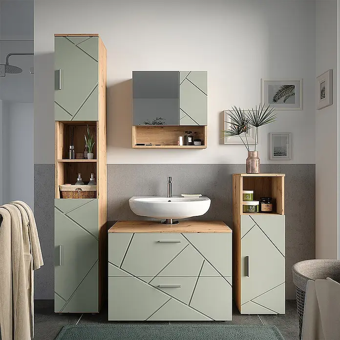 Vicco Badmöbel-Set Irma Salbeigrün 4 Teile - Salbeigrün, Glänzend - Modernes Badezimmermöbelset in Salbeigrün mit geometrischen Mustern und Holzdetails, inklusive Waschtisch, Hochschrank und Spiegelschrank.
