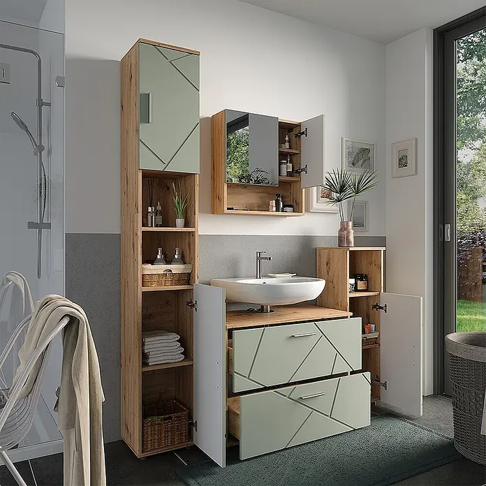 Vicco Badmöbel-Set Irma Salbeigrün 4 Teile - Salbeigrün, Glänzend - Modernes Badmöbel-Set aus hellem Holzdekor und salbeigrünen Fronten mit geometrischem Muster, inkl. Waschtisch, Hochschrank und Spiegelschrank.
