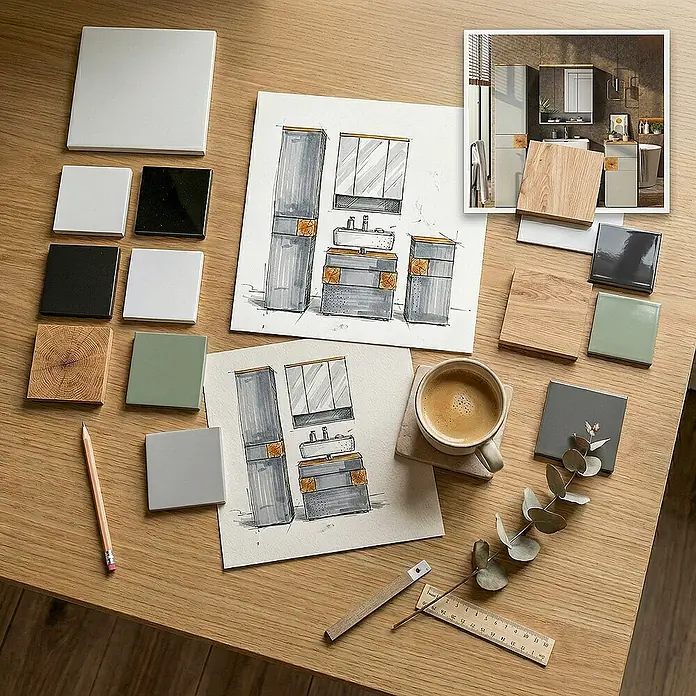 Vicco Badmöbel-Set Eden Anthrazit 2 Teile - Gesamtbreite Badmöbel: 73,1 cm, Anthrazit, Matt - Kollektion Keramikfliesen, Holzproben und Designskizzen für einen modernen Badezimmer-Waschtisch.