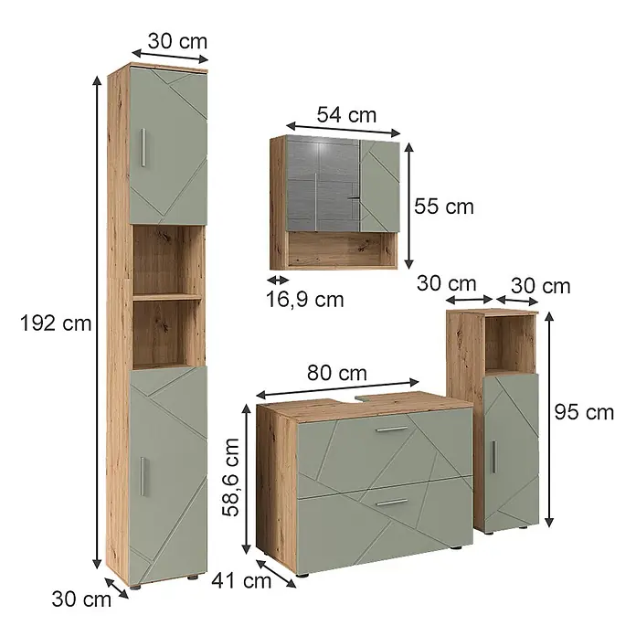 Vicco Badmöbel-Set Irma Salbeigrün 4 Teile - Salbeigrün, Glänzend - Set aus modularen Holz- und Grünmöbeln mit geometrischen Mustern, darunter Schränke und eine Kommode.