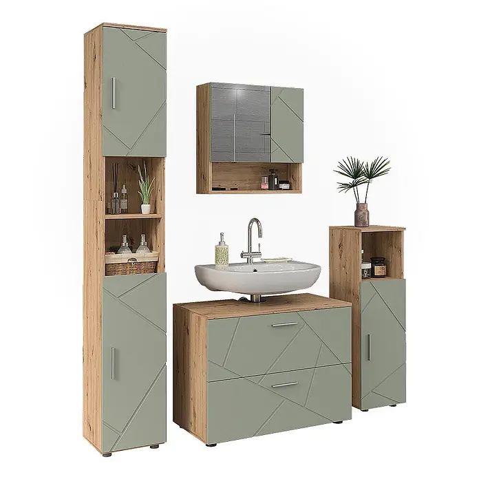 Vicco Badmöbel-Set Irma Salbeigrün 4 Teile - Salbeigrün, Glänzend - Modernes Badmöbelset in Salbeigrün und Holzoptik mit geometrischen Fronten, bestehend aus Waschtisch, Spiegelschrank und Stauraumschränken.