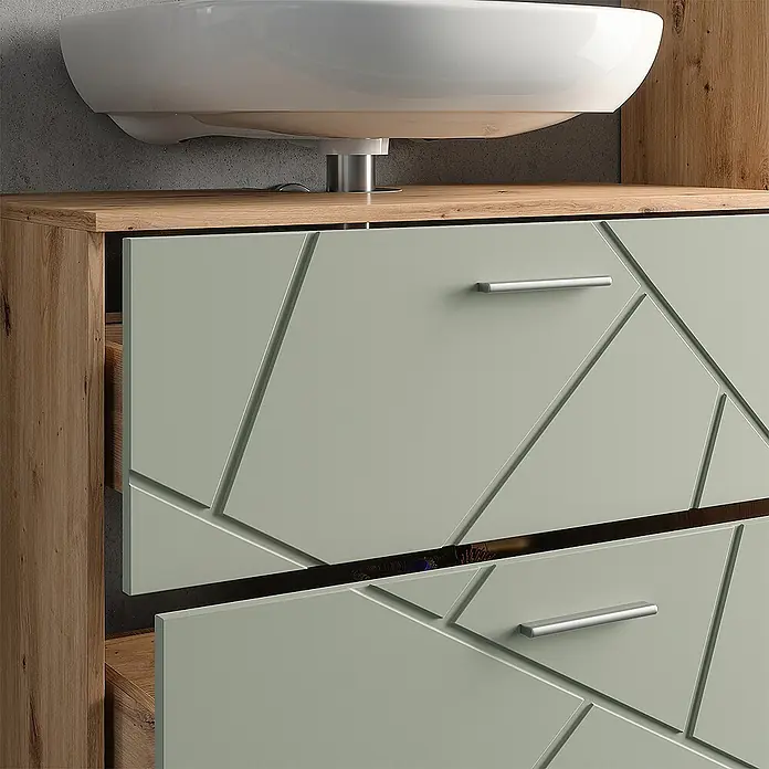 Vicco Badmöbel-Set Irma Salbeigrün 4 Teile - Salbeigrün, Glänzend - Waschtischunterschrank aus hellem Holz mit weißem Waschbecken und zwei teils geöffneten salbeigrünen Schubladen mit Geometriemuster.