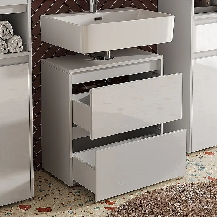 Vicco Badmöbel-Set Majest Weiß 4 Teile - Gesamtbreite Badmöbel: 120,6 cm, Weiß Hochglanz, Glänzend - Glänzender weißer Waschtischunterschrank mit integriertem Waschbecken und zwei teils geöffneten Schubladen.