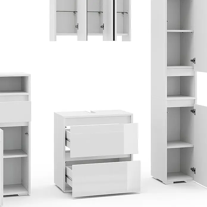 Vicco Badmöbel-Set Majest Weiß 4 Teile - Gesamtbreite Badmöbel: 120,6 cm, Weiß Hochglanz, Glänzend - Glänzendes, weißes Badmöbel-Set mit Hängeschränken, Waschtischunterschrank mit offenen Schubladen und Hochschränken mit Regalen und Türen.
