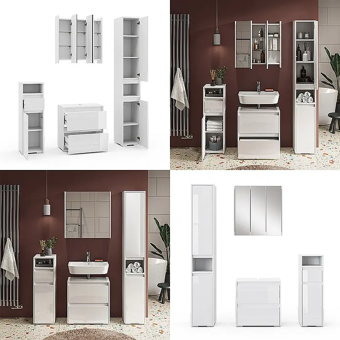 Vicco Badmöbel-Set Majest Weiß 4 Teile - Gesamtbreite Badmöbel: 120,6 cm, Weiß Hochglanz, Glänzend - Weißes, glänzendes Badezimmermöbel-Set mit Waschtisch, Hochschränken und Spiegelschrank für funktionellen Stauraum.