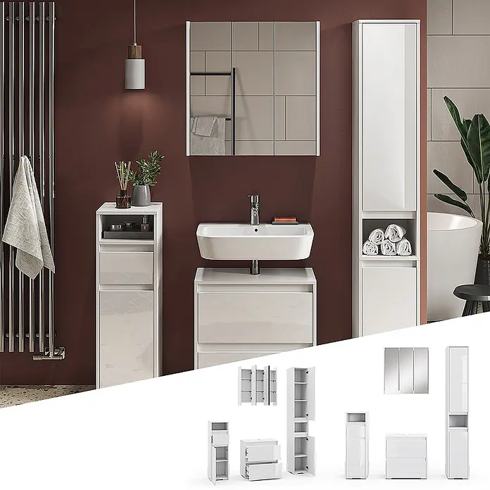 Vicco Badmöbel-Set Majest Weiß 4 Teile - Gesamtbreite Badmöbel: 120,6 cm, Weiß Hochglanz, Glänzend - Glänzendes weißes Badmöbelset mit Waschtisch, Hochschrank und Spiegelschrank, in einem modernen Bad und einzeln dargestellt.
