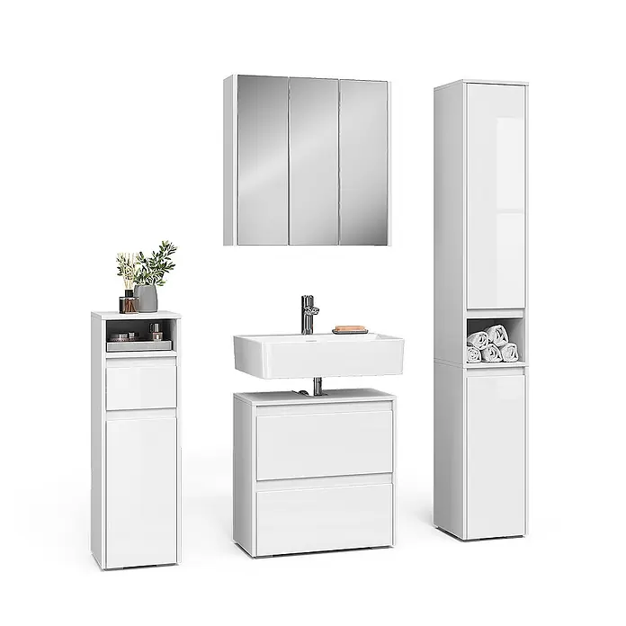 Vicco Badmöbel-Set Majest Weiß 4 Teile - Gesamtbreite Badmöbel: 120,6 cm, Weiß Hochglanz, Glänzend - Ein modernes weißes Badmöbel-Set mit Waschtisch, Spiegelschrank und zwei Hochschränken.