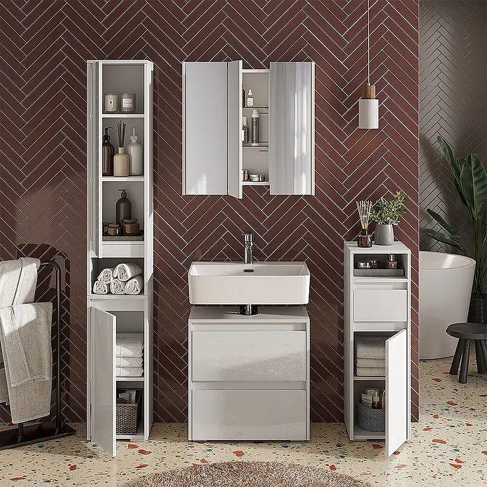 Vicco Badmöbel-Set Majest Weiß 4 Teile - Gesamtbreite Badmöbel: 120,6 cm, Weiß Hochglanz, Glänzend - Modernes, weißes, glänzendes Badmöbelset mit Waschtisch, Aufbewahrungs- und Spiegelschrank.