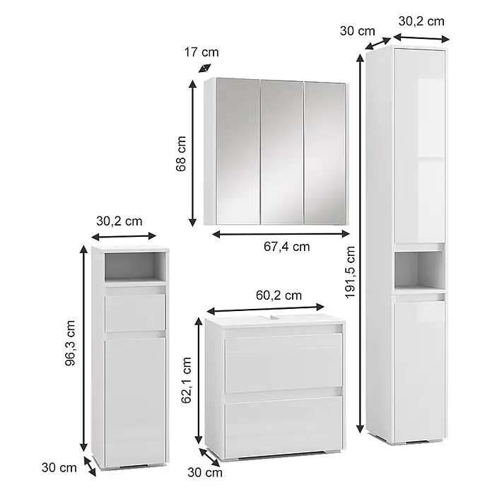 Vicco Badmöbel-Set Majest Weiß 4 Teile - Gesamtbreite Badmöbel: 120,6 cm, Weiß Hochglanz, Glänzend - Set aus weißen Badmöbeln, bestehend aus Spiegelschrank, Hochschrank, Unterschrank und Waschtischunterschrank, mit Maßen.