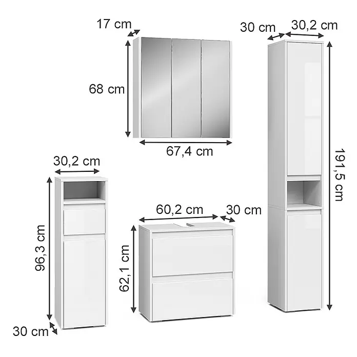 Vicco Badmöbel-Set Majest Weiß 4 Teile - Gesamtbreite Badmöbel: 120,6 cm, Weiß Hochglanz, Glänzend - Weißes, glänzendes Badezimmermöbelset mit Waschtisch, Spiegelschrank und Hochschränken, Maße angegeben.