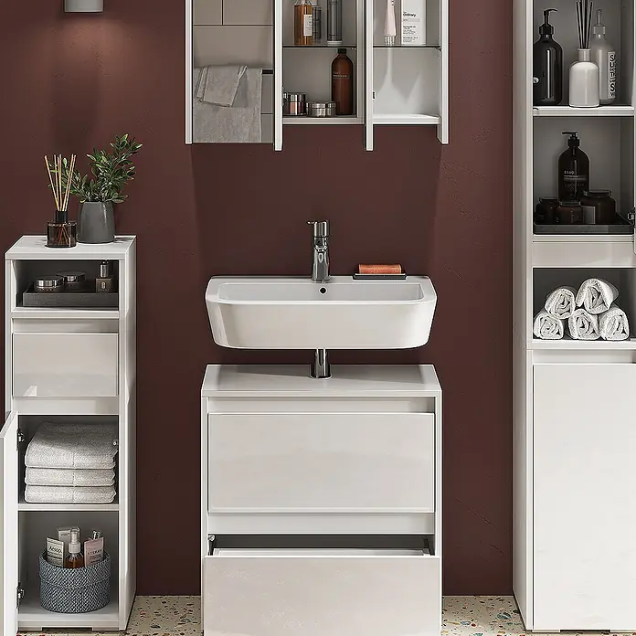 Vicco Badmöbel-Set Majest Weiß 4 Teile - Gesamtbreite Badmöbel: 120,6 cm, Weiß Hochglanz, Glänzend - Modernes weißes Hochglanz-Badezimmermöbel-Set mit Waschtisch, Waschbecken und Hochschränken im stilvollen Bad.