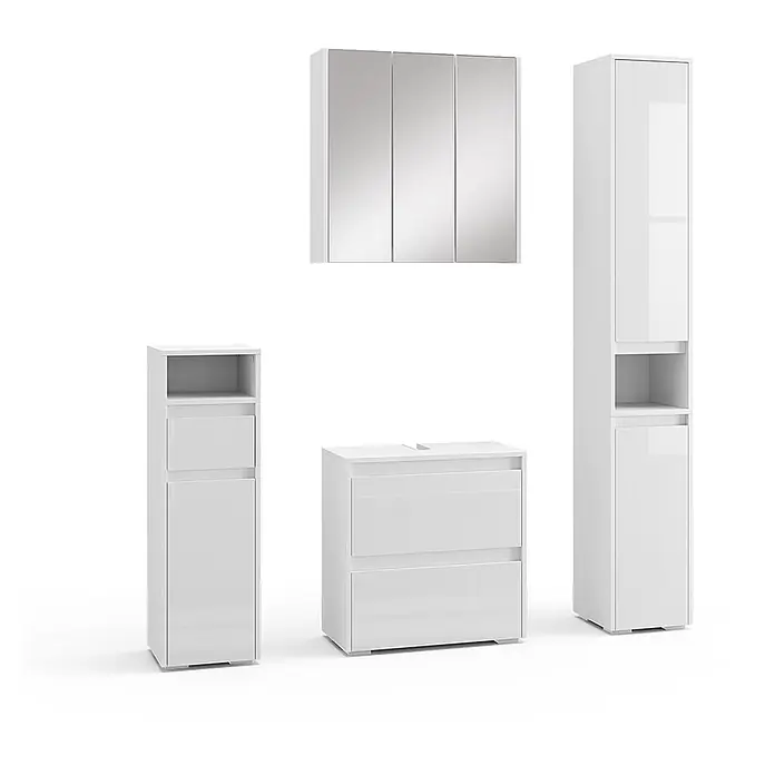 Vicco Badmöbel-Set Majest Weiß 4 Teile - Gesamtbreite Badmöbel: 120,6 cm, Weiß Hochglanz, Glänzend - Glänzendes weißes Badmöbel-Set mit Spiegelschrank, Waschtischunterschrank und zwei Hochschränken.
