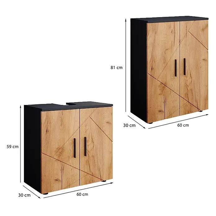 Vicco Badmöbel-Set Irma Goldkraft Eiche/Anthrazit 2 Teile, mit Midischrank - Goldkraft Eiche, Matt - Zwei Holzschränke: ein hoher Schrank und ein niedrigerer Waschbeckenunterschrank mit U-Ausschnitt, mit schwarzen Platten/Seiten und geometrischen Holzmaserungstüren.