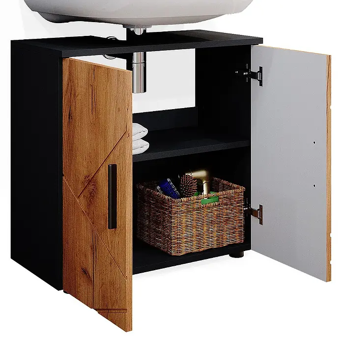 Vicco Badmöbel-Set Irma Goldkraft Eiche/Anthrazit 2 Teile, mit Midischrank - Goldkraft Eiche, Matt - Schwarzer Badunterschrank mit heller Holztür, offen mit Stauraum und Weidenkorb unter dem Waschbecken.