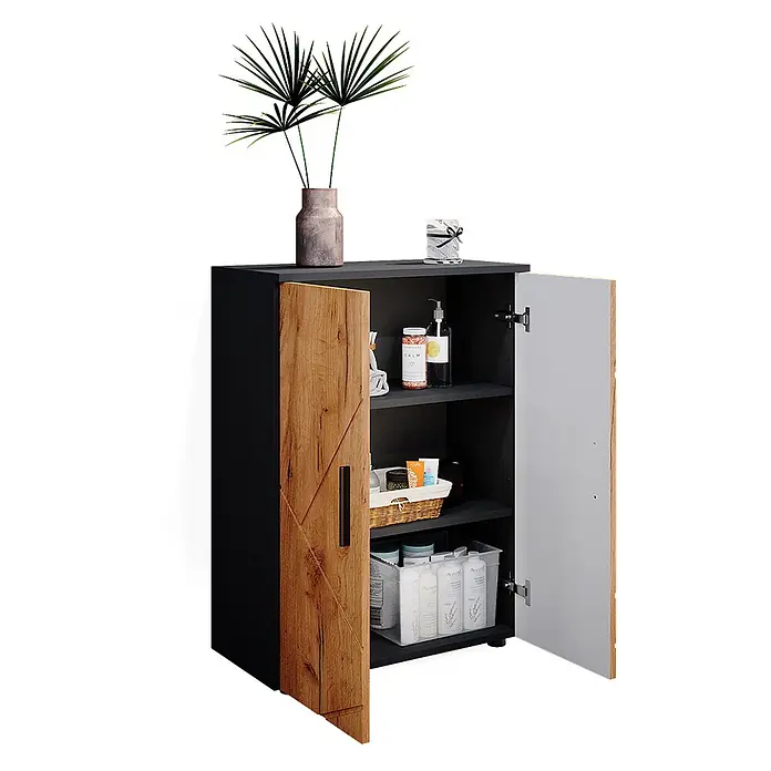 Vicco Badmöbel-Set Irma Goldkraft Eiche/Anthrazit 2 Teile, mit Midischrank - Goldkraft Eiche, Matt - Dunkelgrauer Schrank mit Holz- und grauer Tür, offen mit Badartikeln und Pflanze in Vase oben.