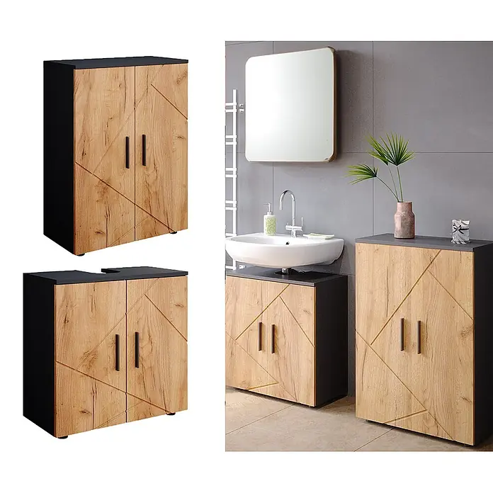 Vicco Badmöbel-Set Irma Goldkraft Eiche/Anthrazit 2 Teile, mit Midischrank - Goldkraft Eiche, Matt - Set schwarzer und holzfarbener Badschränke mit geometrischem Türmuster, inkl. Waschtischunterschrank und Hochschrank.