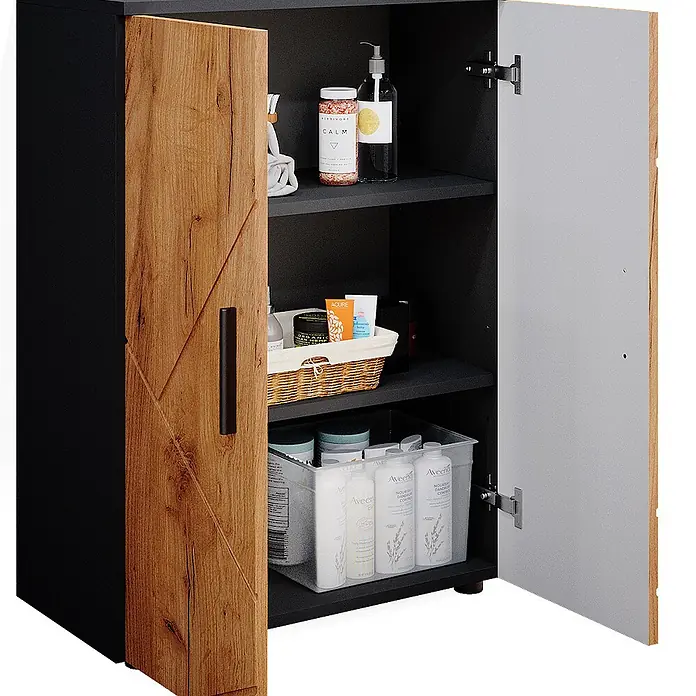Vicco Badmöbel-Set Irma Goldkraft Eiche/Anthrazit 2 Teile, mit Midischrank - Goldkraft Eiche, Matt - Schwarzer Stauraumschrank mit Holztür und hellgrauer Tür, offen mit Toilettenartikeln auf Regalen.