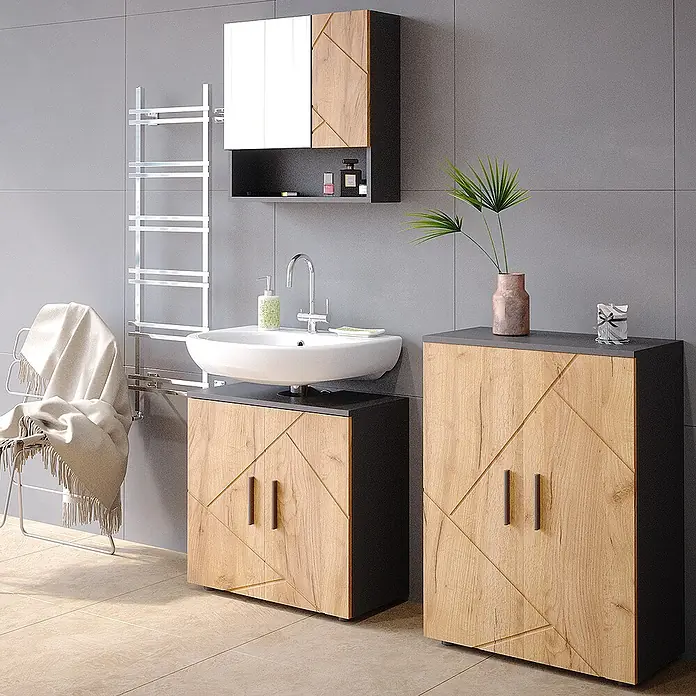 Vicco Badmöbel-Set Irma Goldkraft Eiche/Anthrazit 2 Teile, mit Midischrank - Goldkraft Eiche, Matt - Modernes Badmöbelset mit Holzoptik-Türen, dunkelgrauen Rahmen und geometrischem Muster, bestehend aus Waschbecken-, Wand- und Hochschrank.