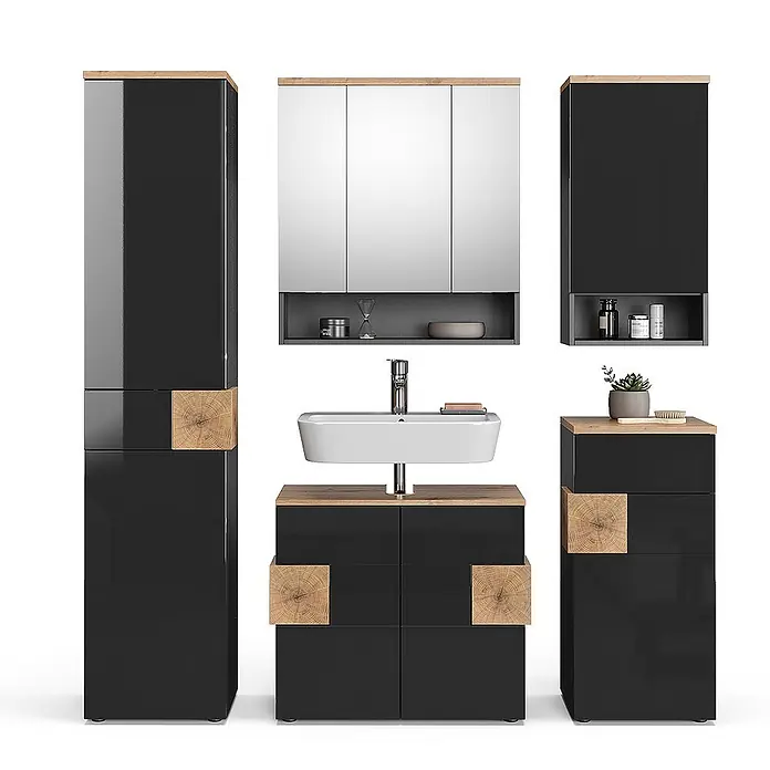 Vicco Badmöbel-Set Eden Anthrazit 5 Teile - Gesamtbreite Badmöbel: 153,1 cm, Anthrazit, Matt - Schwarz glänzendes Badmöbel-Set mit Echtholzakzenten, bestehend aus Hochschränken, Waschtisch mit Waschbecken und Spiegelschrank.