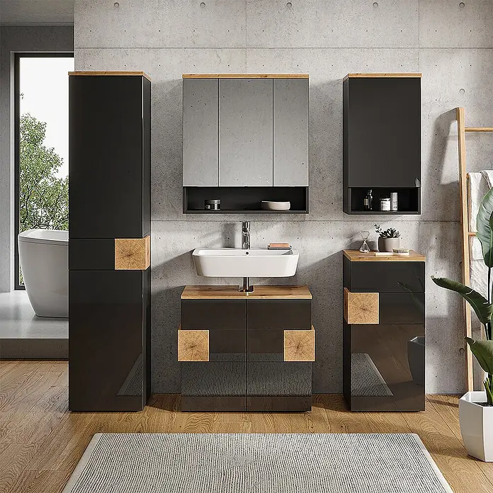 Vicco Badmöbel-Set Eden Anthrazit 4 Teile - Anthrazit, Glänzend - Modernes Badmöbelset mit glänzenden dunklen Schränken, Holzdetails und Spiegelschrank mit Ablage.