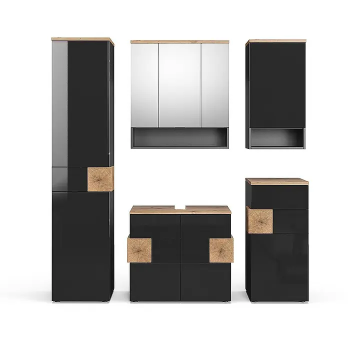 Vicco Badmöbel-Set Eden Anthrazit 5 Teile - Gesamtbreite Badmöbel: 153,1 cm, Anthrazit, Matt - Modernes schwarzes Badmöbel-Set mit hellen Holzplatten und rustikalen Holzblock-Akzenten.