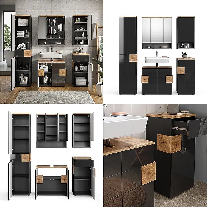 Vicco Badmöbel-Set Eden Anthrazit 5 Teile - Gesamtbreite Badmöbel: 153,1 cm, Anthrazit, Matt - Modernes schwarzes Badmöbelset mit Naturholz-Akzenten, bestehend aus Hochschränken, Waschtischunterschrank und Spiegelschränken.