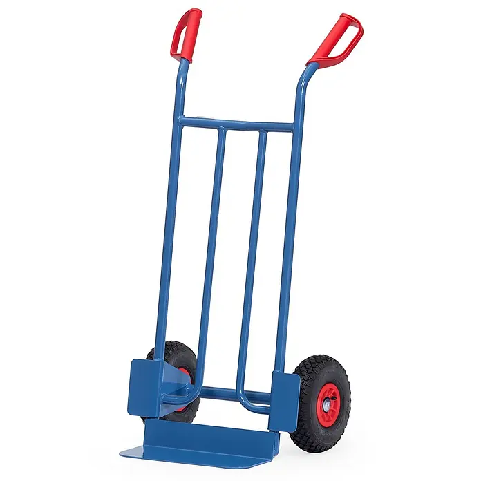 Fetra Sackkarre Stahlrohrkarre mit Luftbereifung, Höhe 1150 mm, Schaufel 150x400mm - Traglast: 250 kg - Blaue Stahl-Sackkarre mit roten Griffen und schwarzen Lufträdern für den Schwerlasttransport.